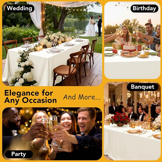 6-Pack Ivory Tablecloths for Rectangle Tables, 60 x 102 Inches, Stain-Resistant Polyester Fabric for 6 Foot Tables - Washable Table Covers for Weddings, Banquets, Birthday, Parties, Events