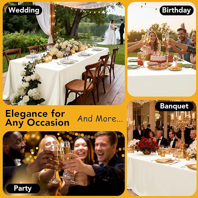 6-Pack Ivory Tablecloths for Rectangle Tables, 90 x 132 Inches, Stain-Resistant Polyester Fabric for 8 Foot Tables - Washable Table Covers for Weddings, Banquets, Birthday Parties, Events