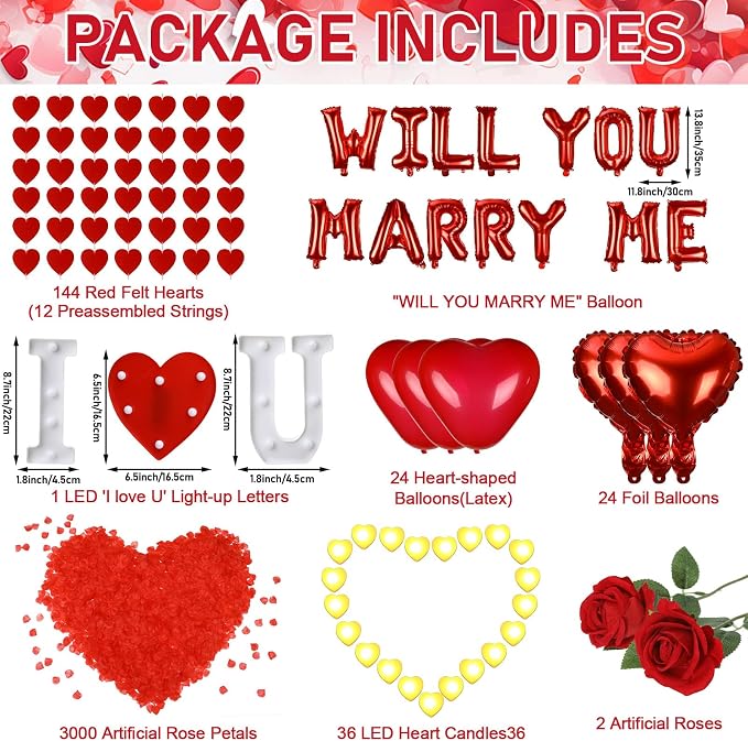 3249pcs Proposal Decoration Anniversary Valentines Day Decoration Romantic Special Night Decor Bedroom Decor Rose Petal LED Hearts "WILL YOU MARRY ME" Balloon Heart Candle Artificial Rose Heart String