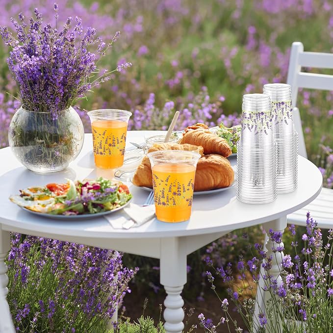 Hushee Lavender 60 Pcs Party Cups 16 oz Plastic Disposable Drinking Cups for Birthday Love Baby in Bloom Baby Shower Summer Fresh off The Market Bridal Shower Decorations Supplies