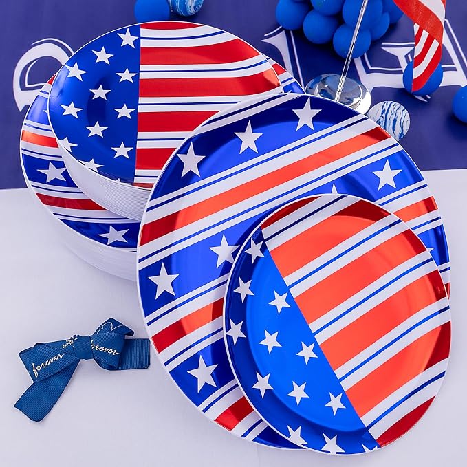 FLOWERCAT 60PCS 4th of July Plates & Red White Blue Plates for Independence Day - Patriotic Plastic Plates Include 30PCS 10.25inch Dinner Plates and 30PCS 7.5inch Dessert Plates