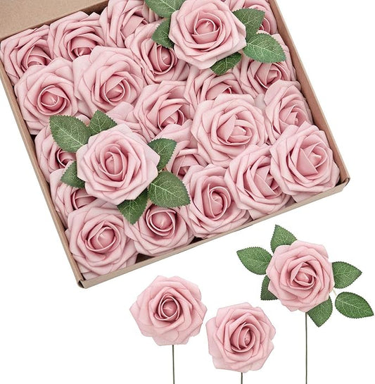 Ling's moment Artificial Flowers 25Pcs Shabby Blush Roses Decor w/Stems,3" DIY Foam Floral for Wedding Bouquet/Centerpieces, Outdoors Party Backdrop, Room/Table, and Garden/Pot Decorations