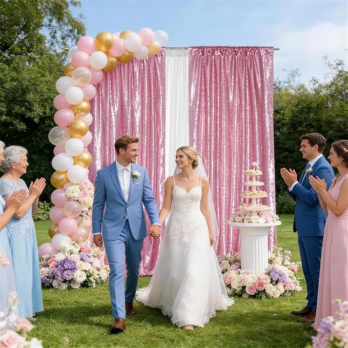 SquarePie 2 PCS 2x8ft Fuchsia Pink Sequin Backdrop Curtains, Satin-Backed Shimmering Photo Booth Background, 2 Panels Narrow Real Sequin Drapes with 4" Rod Pocket for Party, Baby Shower, Doorway Decor
