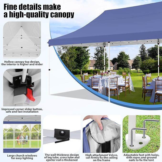 COBIZI Canopy 10x20 Pop Up Canopy Tent with Sidewalls, Waterproof Commercial Canopy Ez Outdoor Instant Gazebo UV Protection 50+ Event Shelter, Garden Tents for Parties with Sandbags, Navy Blue