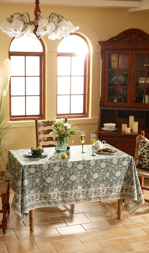 ISAENNE Designer Linen Green Rectangular Tablecloth,87"x55"-Andrew A | Vintage Elegant French Table Cloth Rectangle Table,Floral Pattern,Heavyweight,Dining Room,Tea Party,Kitchen,Thanksgiving