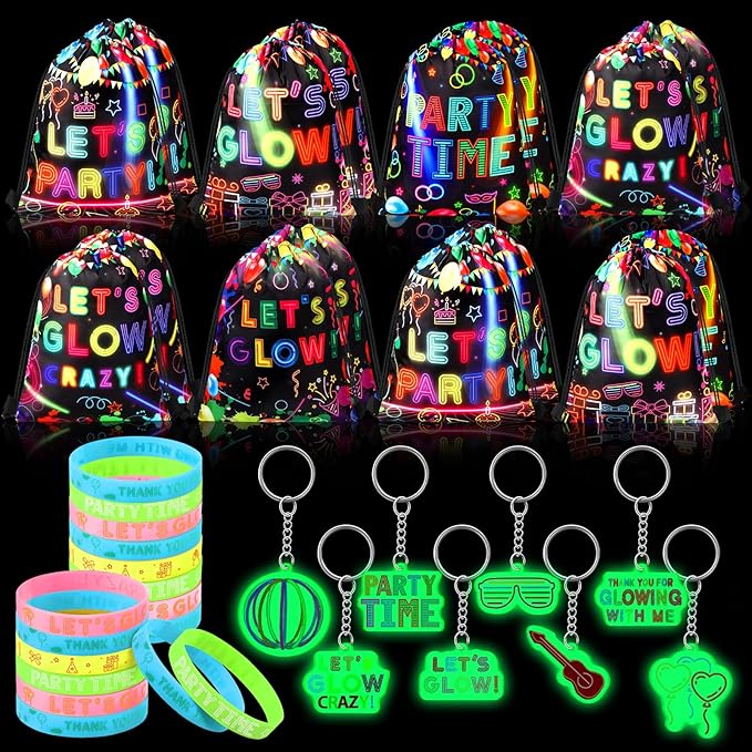 Talltalk 48 Pcs Glow in Dark Party Favor Bulk Neon Party Birthday Decoration Set Toys 16 Let's Glow Drawstring Backpack Goodie Bag Snack Treat Bag 16 Bracelet 16 Light Keychain for Neon Supplies Decor