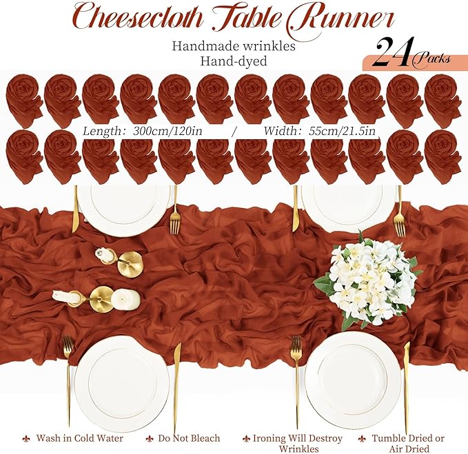 24 Packs Terracotta Cheesecloth Table Runner,10ft Rustic Gauze Boho Wedding Table Runner Decoration, Wedding Table Decor Sheer Table Runner for Wedding Party Bridal Shower Table