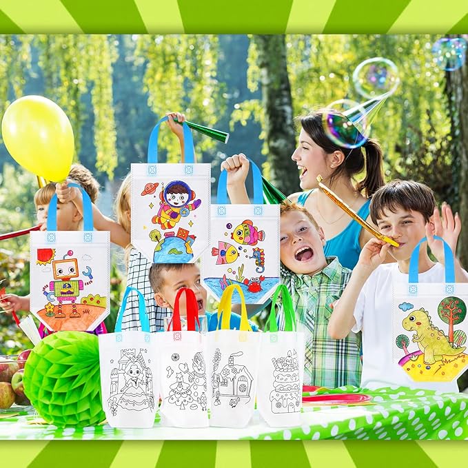 Chunful 24 Pcs Coloring Goodie Gift Bags for Kids Birthday Party with 120 Makers, Reusable Coloring Tote Bags Cute Cartoon Party Favor Non Woven with Colorful Pens DIY Crafts (Lovely with Maker)