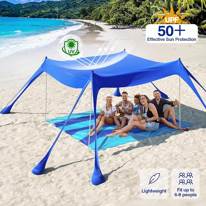 Rhino Valley Beach Tent, 10 x 10 FT Beach Shade UPF50+ Protection, BeachCanopy with 8 Sandbags 4 Stability Poles, Outdoor Beach Tent Sun Shelter Umbrella for Sand, Camping, Fishing Essentials, Indigo