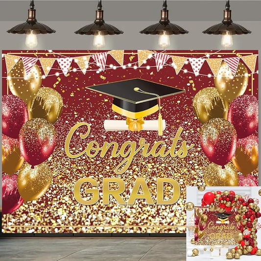 2026 Graduation Backdrop Red Gold Congrats Grad Bachelor Cap Balloon Prom Send Off Photography Background School Celebration Class of 2026 Party Decor Banner Photo Props (Red Gold, 10x8FT)