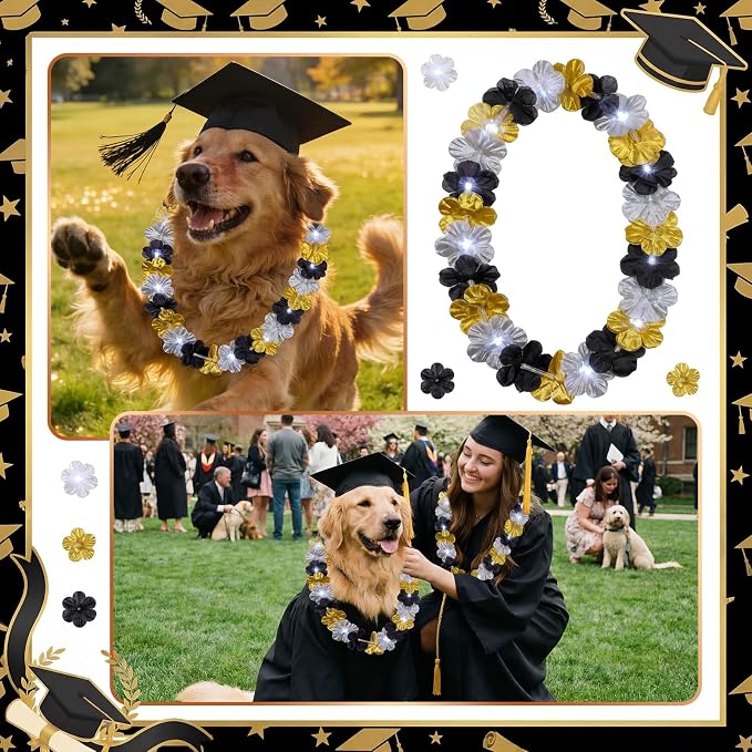 Sherr 48 Pcs Graduation LED Hawaiian Leis Class of 2026 Light Up Flower Leis Necklace with LED Lights Black Gold Silver Luau Flowers Necklaces for Graduation Party Decoration Supplies