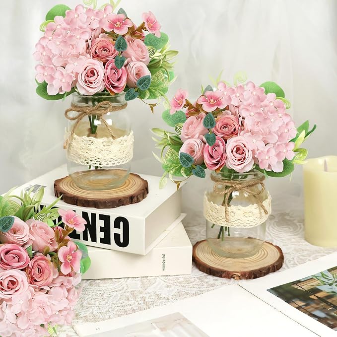 Set 10 Mason Jar Table Centerpiece - Wedding Centerpieces for Tables, Mason Jar Flower Vases Decor- Boho Farmhouse Rustic for Engagement, Bridal Shower, Wedding, Versatile Decor (Pink)