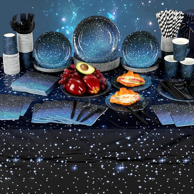 Funnymoom 452 Pcs Galaxy Party Decorations for 50, Starry Night Theme Paper Plates Napkins Cups Tablecloth Cutlery Straws for Outer Space Theme Birthday Bridal Baby Shower Party Decorations Supplies