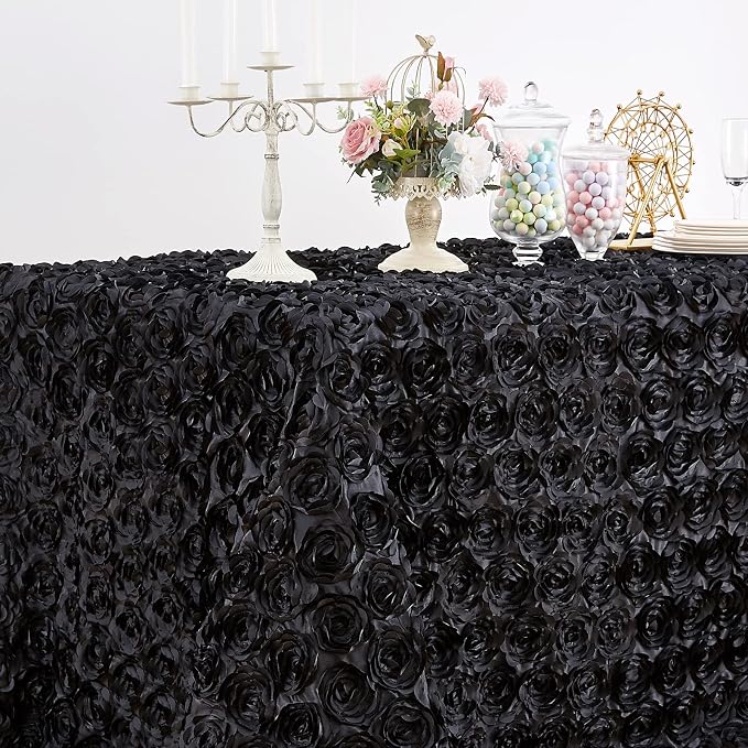 B-COOL Black Tablecloths Party Table Overlay Drape Rosette Table Cover 90 x 132 Inch Rectangle 3D Floral Satin Fabric for Wedding Party Birthday Event Decoration