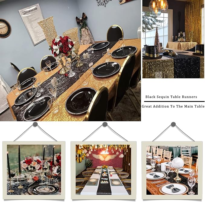 2 Pack Black Sequin Table Runner 12x108 Inch, High Density Sparkly Glitter Table Runners for Wedding Reception, Birthday Party, Banquet, Halloween, Black Metallic Shimmering Decor