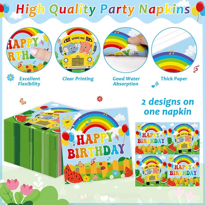 96Pcs Cartoon Melon Birthday Party Decorations Watermelon Theme Tableware Watermelon Bus Rainbow Plates Napkins Forks Cartoon Melon Dinnerware Party Supplies for Kids Birthday Baby Shower Serves 24