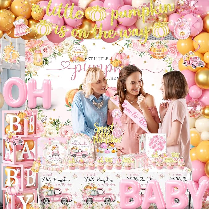 249pcs Little Pumpkin Baby Shower Decorations for Girl,A Sweet Little Pumpkin is On the Way Baby Shower,Pink Pumpkin Floral Balloons Plates Boxes Tablecloth for Fall Thanksgiving Autumn Party Decor