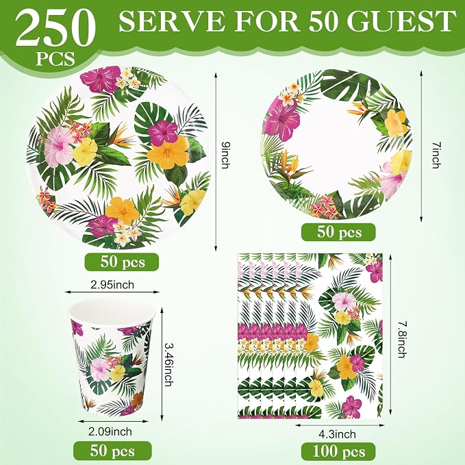 Pickmesh 250 Pcs Hawaiian Paper Napkins Plates Cups Set Tropical Nights Luau Party Supplies Hawaii Aloha Disposable Tableware for Summer Birthday Pool Beach Dinner, Serve for 50 Guests(Green,Flower)