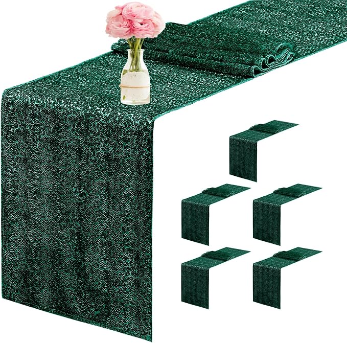 6 Packs 12 x 72 inches Sequin Table Runner, Hunter Green Glitter Table Runner for Birthday Party Supplies Wedding Engagement Baby Shower Holiday Celebration Event Decorations