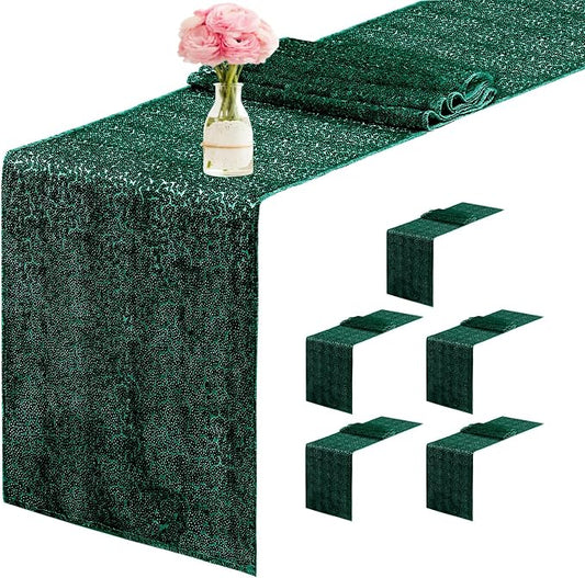 6 Packs 12 x 72 inches Sequin Table Runner, Hunter Green Glitter Table Runner for Birthday Party Supplies Wedding Engagement Baby Shower Holiday Celebration Event Decorations