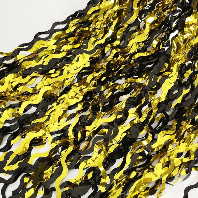 KEEUH 4 Pack Black and Gold Wavy Foil Fringe Curtains Pirthday Decorations,3.3 ft x 6.6 ft Metallic Foil Curtains Streamers for Party Photo Booth Props Background Decoration