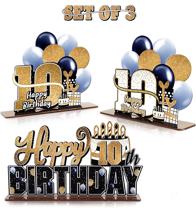 LINGTEER Happy 10th Birthday Gold Acrylic Table Topper Centerpieces Set - Cheers to Ten Years Old Birthday 10th Bday Party Gift Decorations.