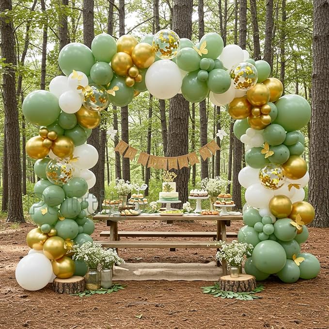 Green Balloon Garland Kit with Sage and Olive Balloons - 112pcs Sage Green Balloons with Gold Butterfly for Weddings, Baby Showers, Birthdays, and Jungle/Tropical Theme Decorations