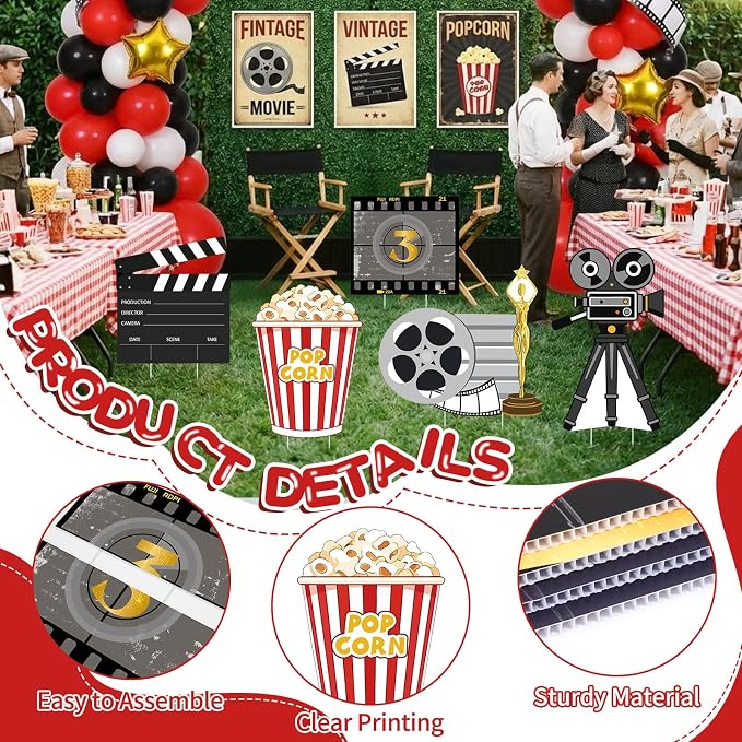 5 Pcs Large Movie Night Party Decorations, Classic Movie Cardboard Cutouts Standup, Popcorn Film Camera Clapperboard Lawn Yard Sign for Theater Theme Indoor Outdoor Birthday Photo Prop