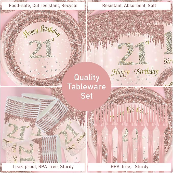 121Pcs 21st Birthday Party Supplies Plates Napkins Cups Forks Tablecloth Rose Gold Happy 21st Birthday Themed Disposable Tableware Decorations Serves 24 Guests for Women Her 21 Years