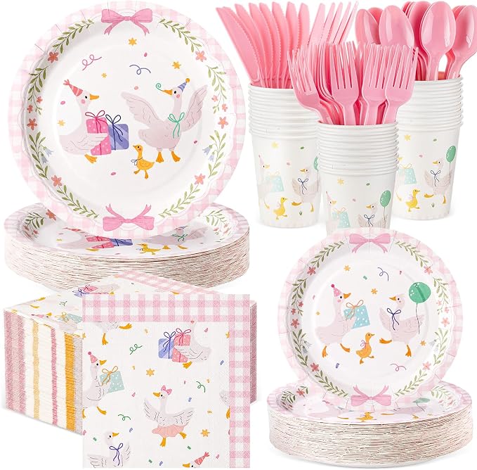 Ziliny 350 Pcs One Silly Goose Baby Shower Decoration One Silly Goose Birthday Decoration Paper Plates Napkins Tableware for Gender Reveal Newborn Birthday Party Serves 50 Guests