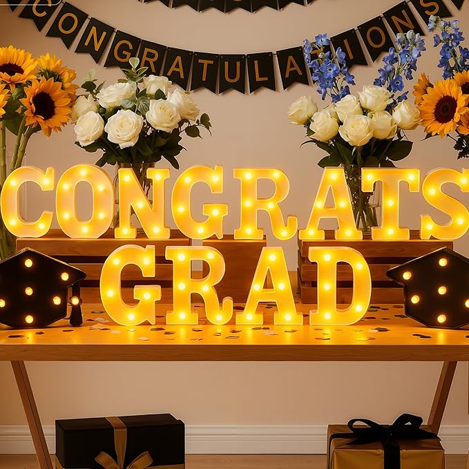 Honoson 14 Pcs Congrats Grad Decorations Lights up Sign with 2 Cap Lights Graduation Party Decorations for Kindergarten High School College Grad Senior Night Celebrations