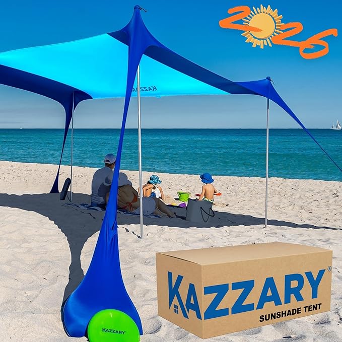 Beach Tent UPF50+ Sun Shade Canopy with Sandbags, 4 Stability Poles, Ground Pegs, Flying Disc Sand Shovel, Lightweight Sunshade Shelter, 7ft Tall for Outdoor Trips, Camping and Sports