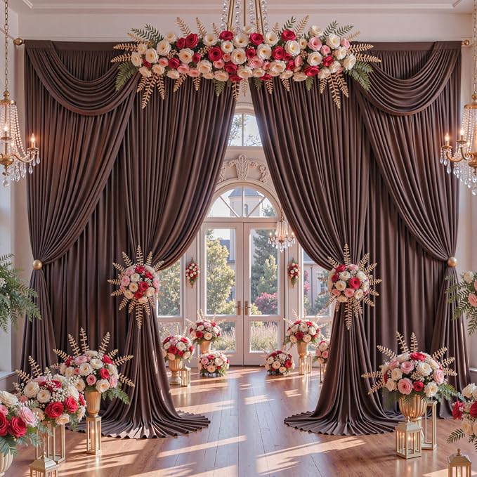 30x12ft Brown Backdrop Curtains for Parties Wrinkle Free Fabric Backdrop Curtain Birthday Photo Drapes Backdrop for Wedding Baby Shower Bridal Shower Photo Shoot Photography Back Drop 6 Panels 5x12FT