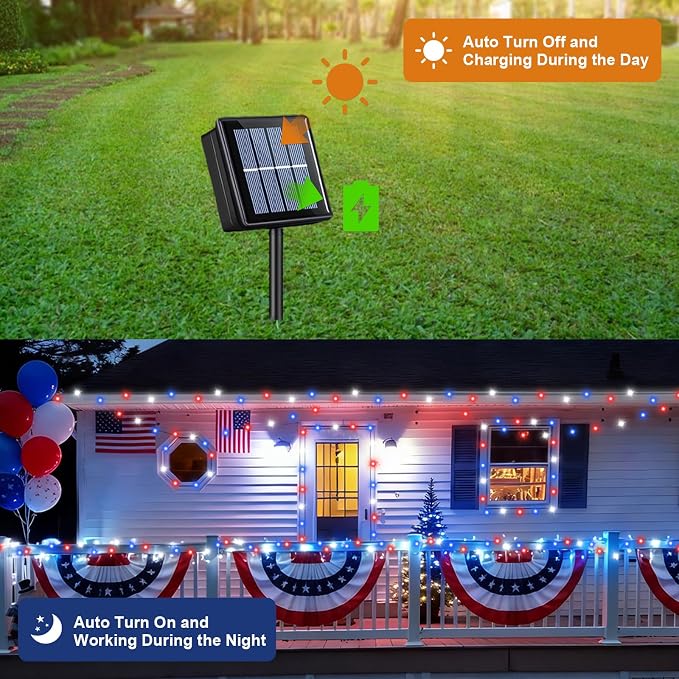 QITONG Red White and Blue Solar String Lights, 2 Pack Each 33ft 100 LED 4th of July Lights Outdoor Waterproof, 8 Modes Green Wire Solar Patriotic Lights for Independence Memorial Day