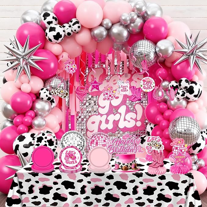 Cowgirl Birthday Party Decorations – Plates, Napkins, Cups, Banner, Hanging Swirls, Tablecloths, Balloons, Cake & Cupcake Toppers, Honeycomb Centerpieces – Disco Cowgirl Party Decorations, Serves 24