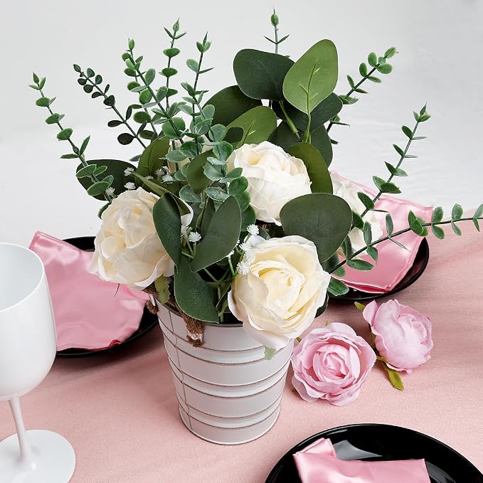 Artificial Flowers in Pot - 10 Inches Pre-Made Large Faux Silk Rose Floral Greenery Table Centerpieces with Rustic Tall Metal Vase for Farmhouse Home Decoration - Champagne