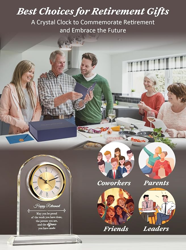 Crystal Retirement Alarm Clock Gifts for Men Women, Happy Retirement Plaque for Coworkers, Boss, Going Away Gift for Retired Friends, Farewell Goodbye Presents for Doctors Nurses Teacher