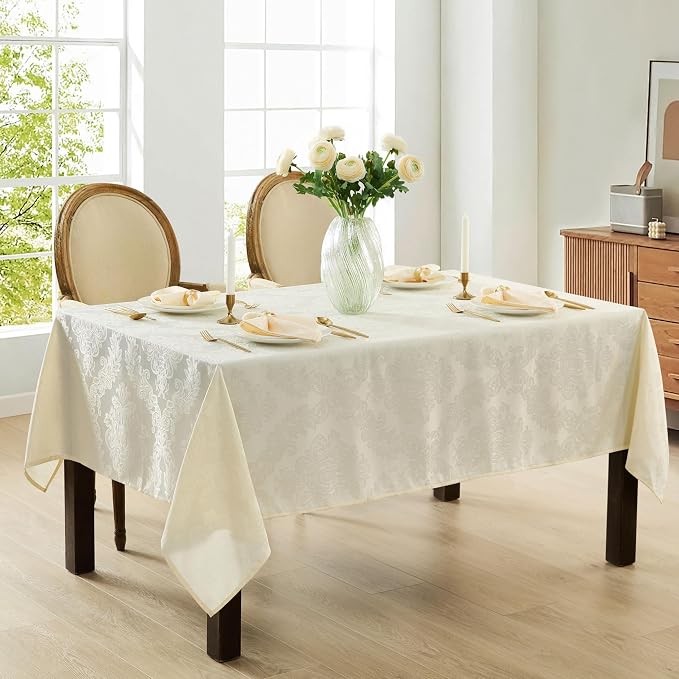 Newbridge Barcelona Luxury Damask Fabric Tablecloth, 70” Extra Wide x 168” Rectangle, Antique White, 100% Polyester, No Iron, Soil Resistant Dining Room, Party and Banquet Table Cover