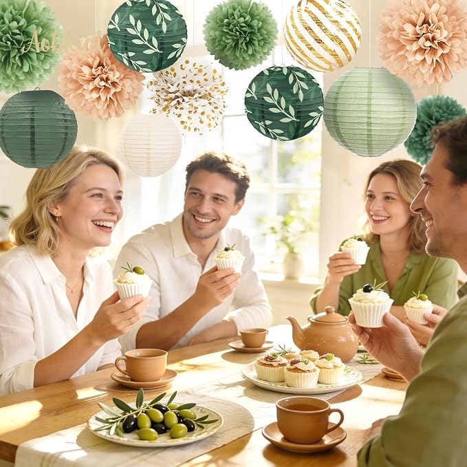AOBKIAT Wedding Party Decorations Set,12PCS Olive Green Sage Paper Pom Poms Lanterns with Olive Leaf,for Engagement,Baby Shower,Bridal Shower,Boho Party