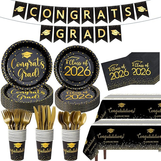 354Pcs Black and Gold Graduation Decorations Set,2026 Graduation Party Supplies Serves 50,Includes Congrats Grad Banner Paper Plates Cups Napkins Tablecloths Tableware for Class of 2026