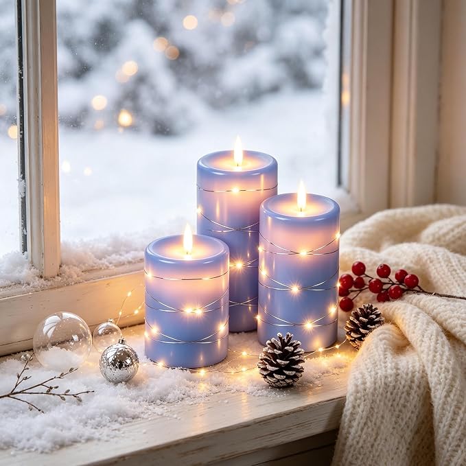 Da by 3 Pack Blue Real Wax Flameless Taper Candles, Lifelike Flickering LED Flame Candles with Surrounding Fairy String Lights, Soft Warm Battery Candles with Remote for Home Wedding Holiday Decor