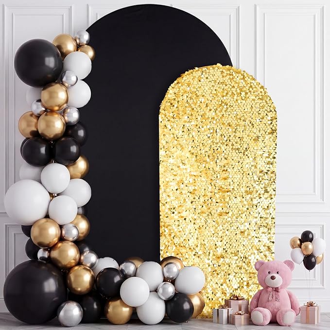 Black and Gold Arch Covers 7.2 and 6FT Sequin Arch Backdrop Cover Set of 2, Spandex Fitted Bling Sequin Arch Stand Covers for Birthday Party Ceremony Baby Shower Banquet Decoration