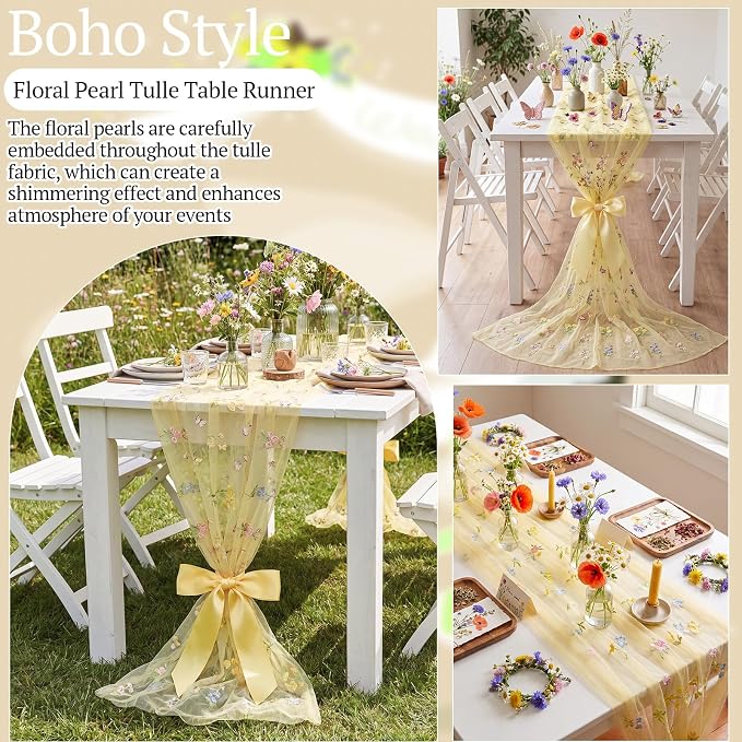 Lounsweer 3 Pcs Yellow Wildflower Table Runner 10ft Embroidery Tulle Spring Floral Table Runner Seasonal Summer Butterfly Kitchen Dining Gauze Decoration for Wedding Baby Shower Birthday Party