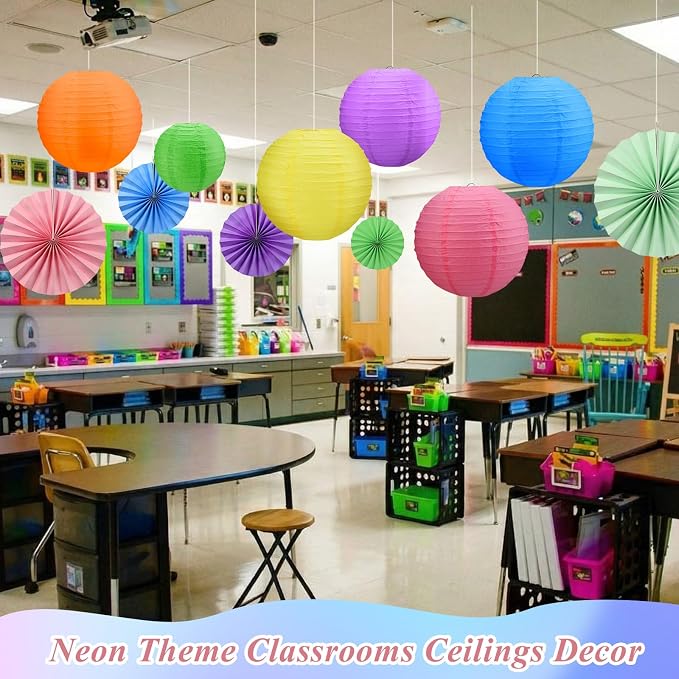 Flutesan 12 Pcs Illumination Neon Decorations for VBS Classroom Hanging Decor Neon Paper Lanterns and Paper Fans for Back to School Party Classroom Office Ceilings Decor Supplies