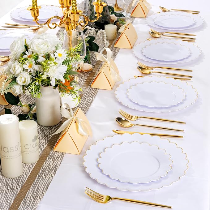 LIYH 60 Pcs White Plastic Plates with Gold Rim, Scalloped Disposable Combo Heavy-Duty Patriotic Plates Includes 30 Dessert Platos & 30 Dinner Platos for Birthday Wedding Party