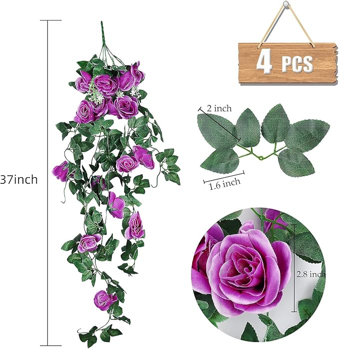 RECUTMS 2PCS Artificial Hanging Rose Flower Plants, 37 Inch Purple Fake Silk Floral Ivy Garlands for Outdoors Home Room Garden Front Porch Wedding Arch Bridal Shower Easter Indoor Party Greenery Decor