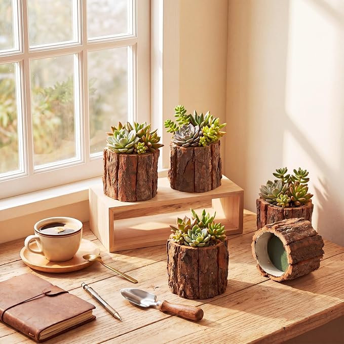 6 Set Wooden Vase for Centerpieces Wedding Flower Table Centerpieces Decor Rustic Bark Stump Bucket Farmhouse Wood Planter Pot for Woodland Party Window Home (Flower Foam,Small)