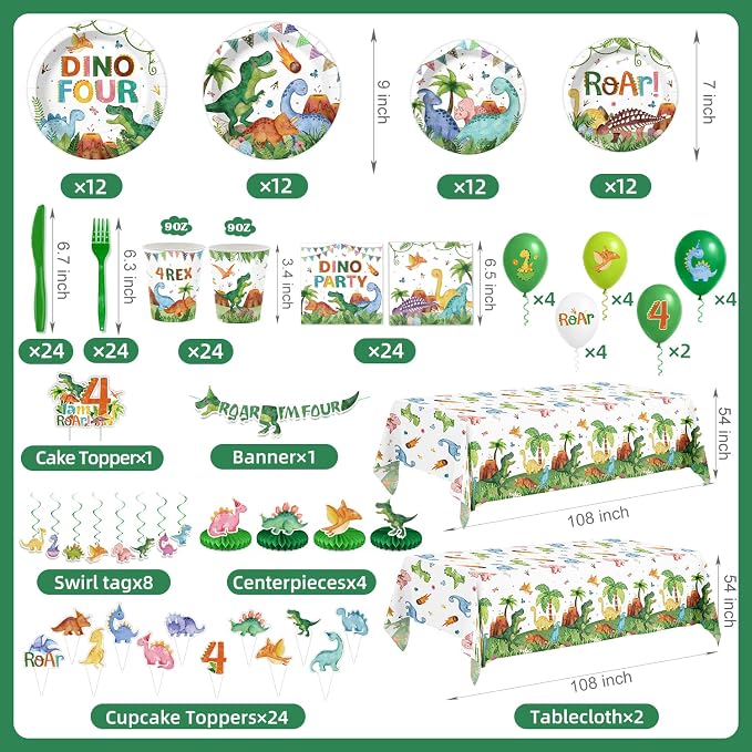 210 Pcs Dinosaur 4th Birthday Party Decorations (Serves 24), Four-Rex Jurassic Dinosaur Birthday Include Banner Hanging Plates Napkins Cups Forks Knifes Tablecloth Topper Balloons for Party