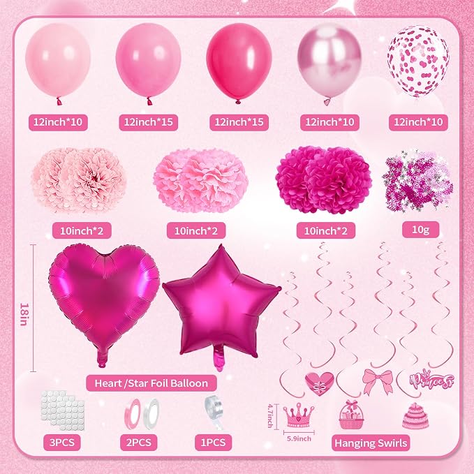 Hot Pink Birthday Decorations, Pink Party Decorations with Balloons Happy Birthday Banner Bday Sash Crown Tablecloth Fringe Curtain Hanging Swirl Heart Star Foil Balloons for Women Girls Bday Decor