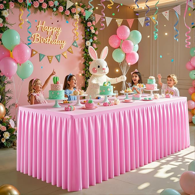 Pink Polyester Table Cloths for Rectangle 8 Foot Tables, 1 Pack Wrinkle Free Tablecloths Stretchy Banquet Ruffle Fitted Table Cover Desk Skirt for Parties Wedding Birthday Baby Shower